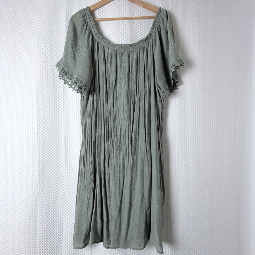 Love Blossom Dress Women 2X Sage Green Boho Peasant Crochet Hippie Crinkle Lined